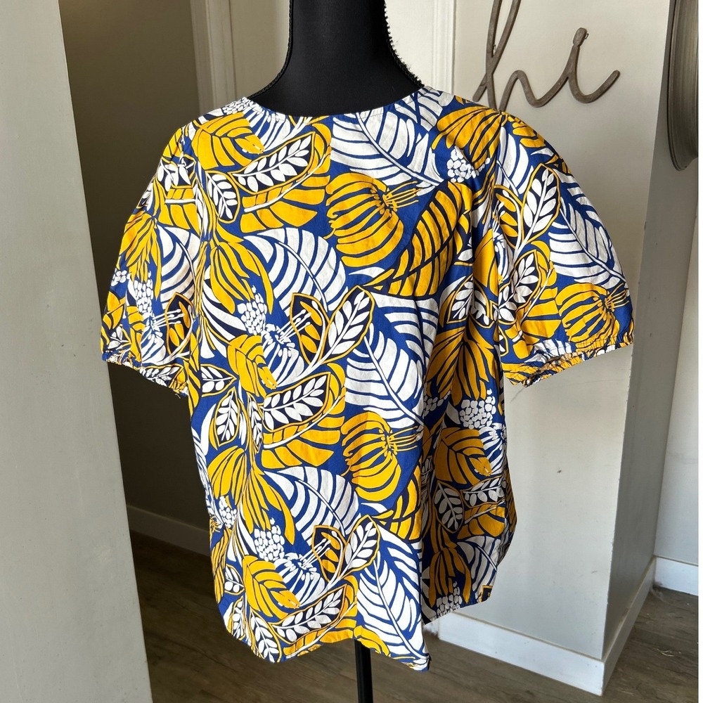 Talbots‎ Womens XL Tropical Leaf Print Tie Back Cutout 100% Cotton Top Shirt